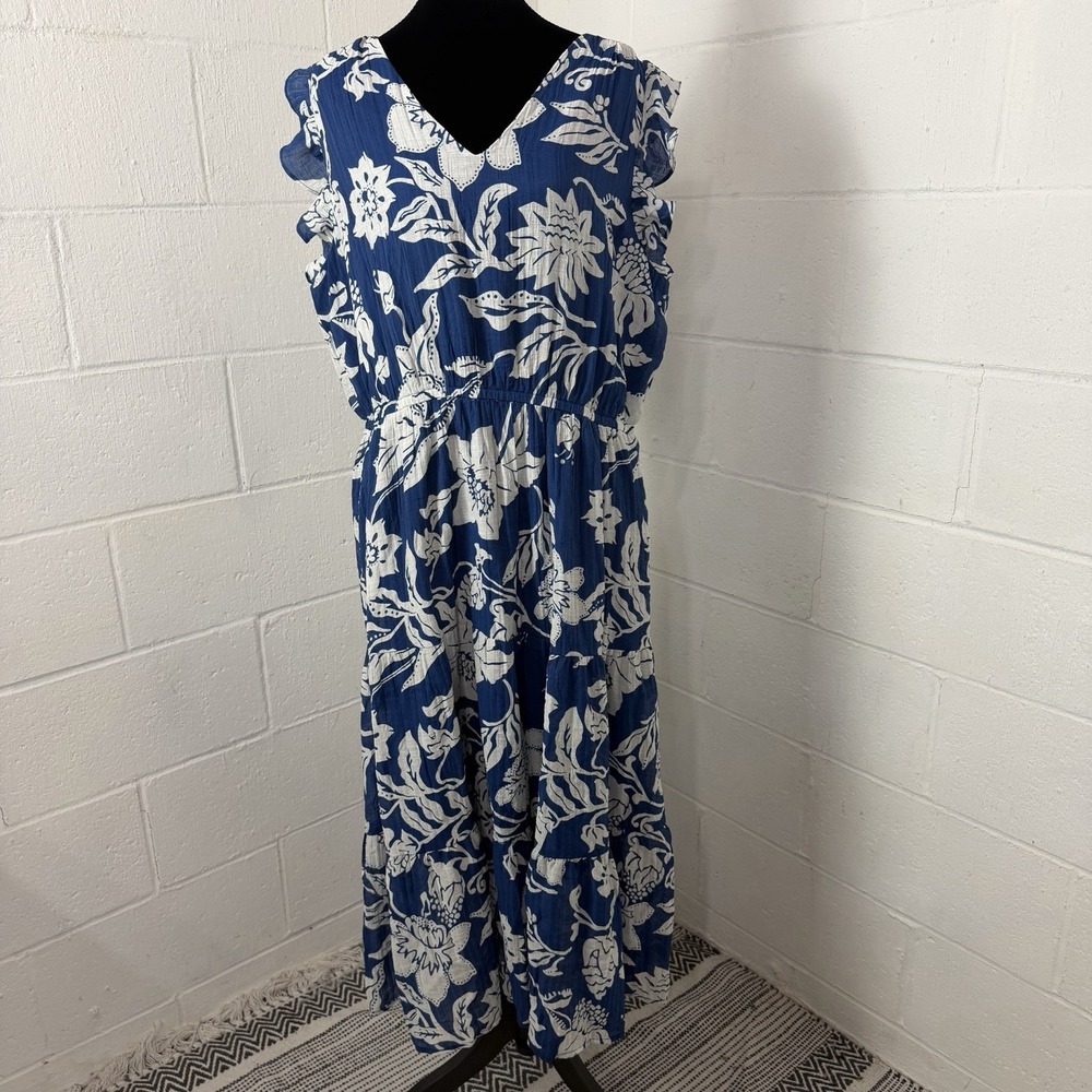 Ophelia Roe Maxi Dress Lined Tiered Ruffles Tropical Blue Floral Resort Beach XL